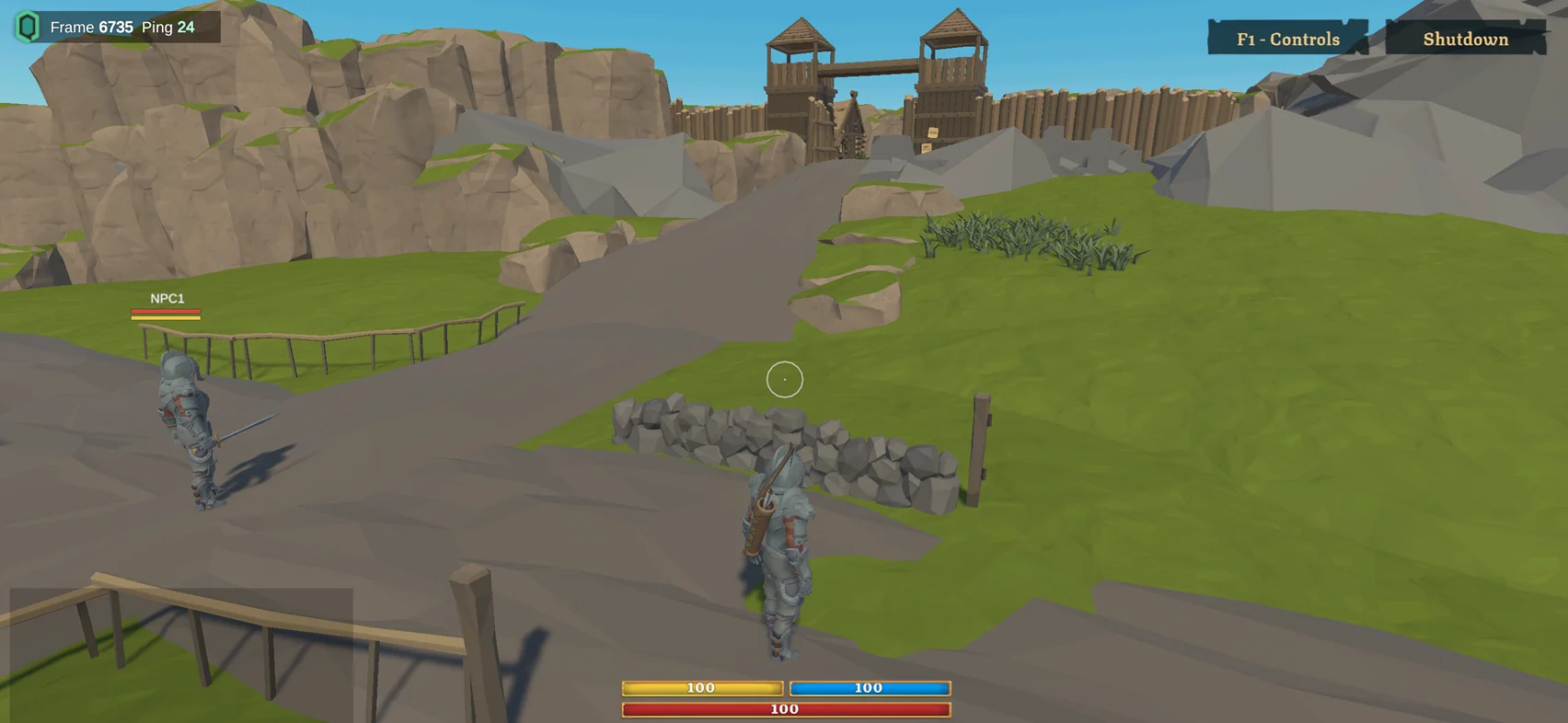 A warrior looking toward a fortified wooden keep in WarBrawl